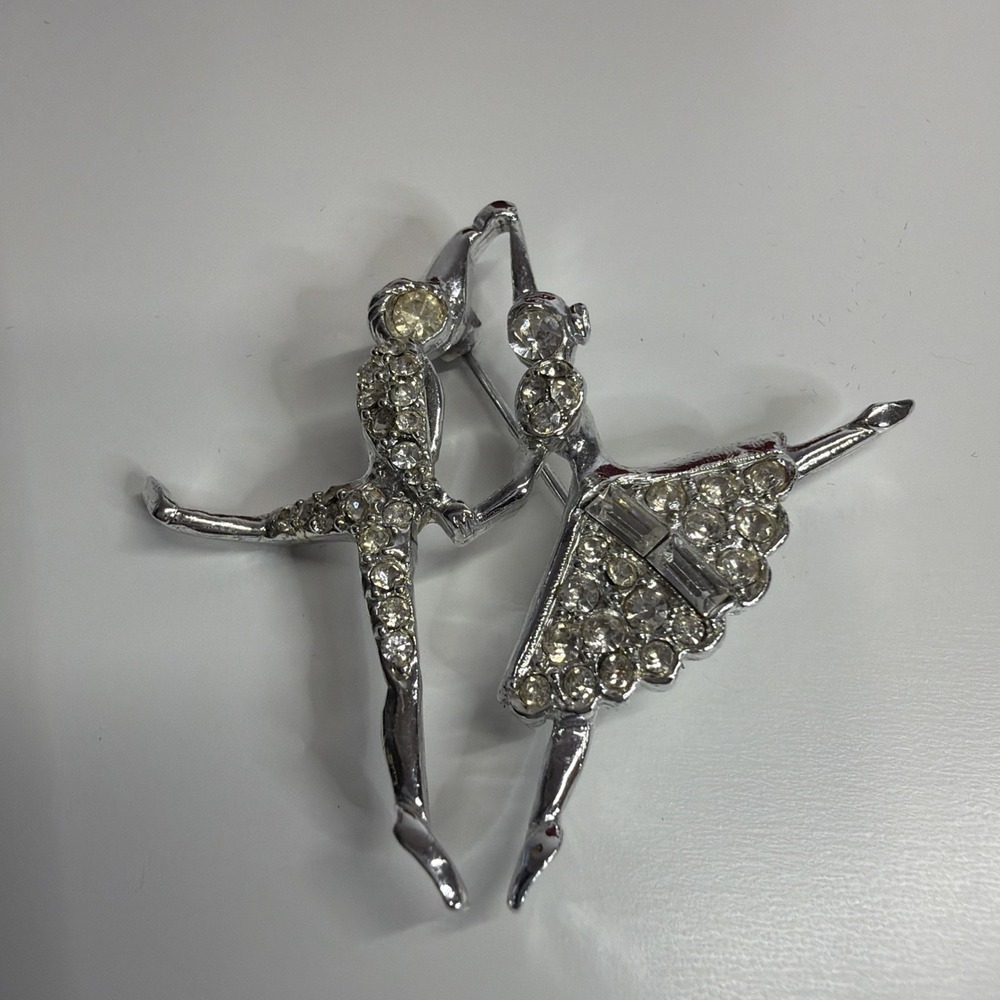 Vintage 1960s Ballet Dancer Brooch Silver Tone Clear Rhinestone Crystal Pin